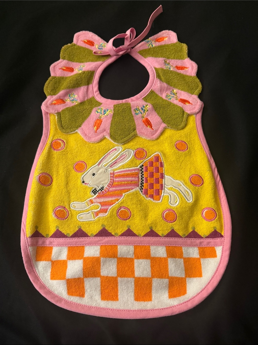 NWOT Mackenzie Childs Pink & Yellow Bunny Appliqué Baby Bib - Kids Accessories
